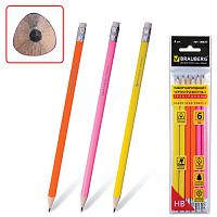 Карандаши чернографитные BRAUBERG НАБОР 6 шт., НВ, трехгранные, с резинкой, корпус ассорти, заточенные, 180630 | код 180630 | BRAUBERG