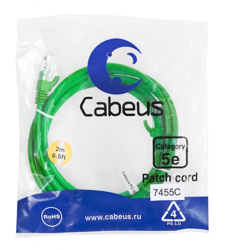 Cabeus PC-UTP-RJ45-Cat.5e-2m-GN Патч-корд U/UTP, категория 5е, 2xRJ45/8p8c, неэкранированный, зеленый, PVC, 2м | код 7455c | Cabeus