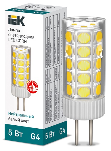 Лампа светодиодная CORN капсула 5Вт 12В 4000К керамика G4 | код LLE-CORN-5-012-40-G4 | IEK