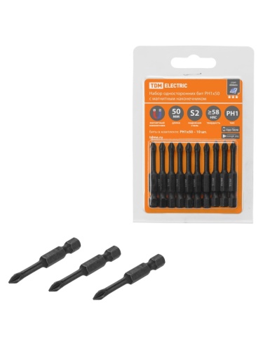 Набор бит PH1x50, односторонних, сталь S2, Е 1/4, намагниченные, торсионные, 10 шт., «Алмаз» TDM | код SQ1019-0424 | TDM