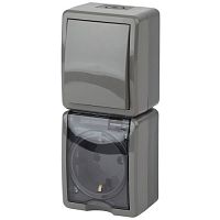 Блок розетка+выкл. верт. IP54, 16A(10AX)-250В, ОУ, Эра Эксперт, серый, 11-7407-03 | код Б0036005 | ЭРА