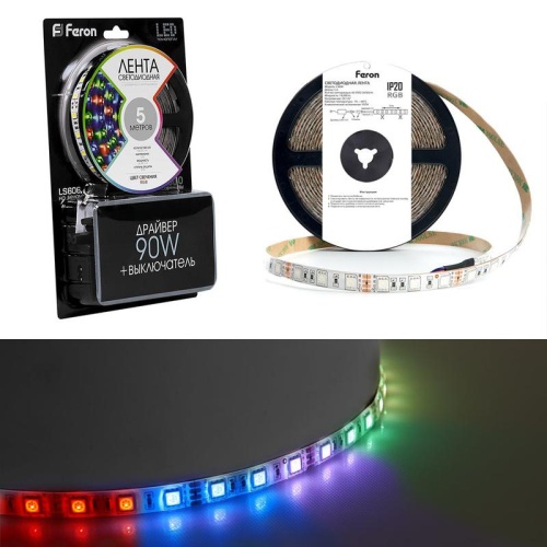 Лента светодиодная LEDх60/м.5м 14.4w/m драйвер 12в RGB | код 27706 | Feron