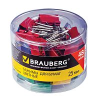 Зажимы для бумаг BRAUBERG, КОМПЛЕКТ 48 шт., 25 мм, на 100 листов, цветные, в пластиковом цилиндре, 221128 | код 221128 | BRAUBERG