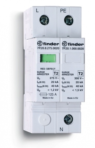 Устройство защиты от импульсных перенапряжений УЗИП тип 2 (1 варистор + 1 искровый разрядник), модульный, ширина 35мм, без доп.контакта, степень защиты IP20 | код 7P2282750020 | FINDER Устройство защиты от импульсных перенапряжений УЗИП тип 2 (1 варистор + 1 искровый разрядник), модульный, ширина 35мм, без доп.контакта, степень защиты IP20 | код 7P2282750020 | FINDER