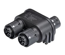 Распределительное устройство (тройник), 1 вход/2 выхода, IP68(69k), 3 полюса, параллельное соединение, с возможностью крепления к 06.562.5853.0 / 06.562.5853.1, цвет: черный, номинальные характеристики: 250V/400V 16A, серия gesis RST MINI | код 46.0