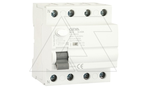 УЗО GYL9-4P-63A-100mA, 4P, 63A, 6 kA, 100mA, тип AC, 4M | код GYL94P63AC100 | GEYA