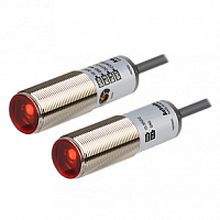 Фотоэлектрический датчик цилиндрический O18 L63мм, материал корпуса: никелированная латунь, на пересечение луча, положение излучателя/приемника фронтальное, красный LED (660нм), расстояние срабатывания: 20м, время срабатывания: 1мс, регулировка чувствите