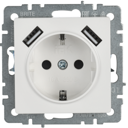 Розетка BRITE РЮш10-1-БрБ 16А с USB A+A 2.1А с заземл. защ. шторки бел. | код. BR-R14-16-U21-D21-K01 | IEK фото 5