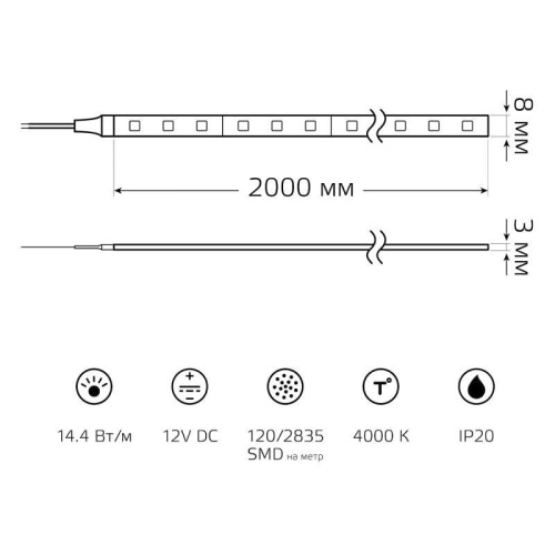 Лента светодиодная LED 2835/120-SMD 14.4 Вт/м 1400 лм/м 4000К DC 12В IP20 8мм (блистер 2м) Basic Gauss | код BT081 | Gauss