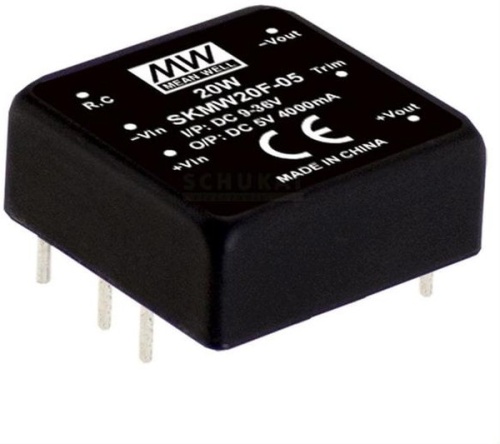 Источник питания DC-DC, 20Вт, Uвх=9…36B, Uвых=5В/4А, рег. вых=±10%Uном, вход дист. управл., изоляция 1500В DC, в корпусе 25.4х25.4х10.2мм, -40С…+85С | код SKMW20F-05 | MeanWell