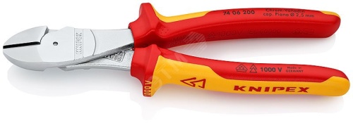 Бокорезы VDE 1000V резка - проволока средней твердости 42мм твердая проволока 3мм рояльная струна (HRC 59) 25мм L=200мм диэлкектрические хромированные двухкомпонентные рукоятки | код KN-7406200 | KNIPEX