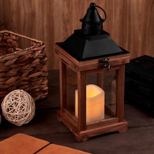 Декоративный фонарь со свечкой корпус из дерева размер 14х14х35cм цвет теплый белый | код 513-075 | Neon-Night фото 6