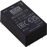Источник питания DC-DC, 6Вт, вход 24,48В (18…75В) DC, потребление без/под нагр. 15мА/315мА, выход ±12В/±25…250мА, КПД 81%, ёмкостная нагр. макс. ±47мкф, изоляция 6000В DC/4200В AC, в корпусе 31.8х20.3х12.2мм, -40…+90С | код MDD06G-12 | Mean
