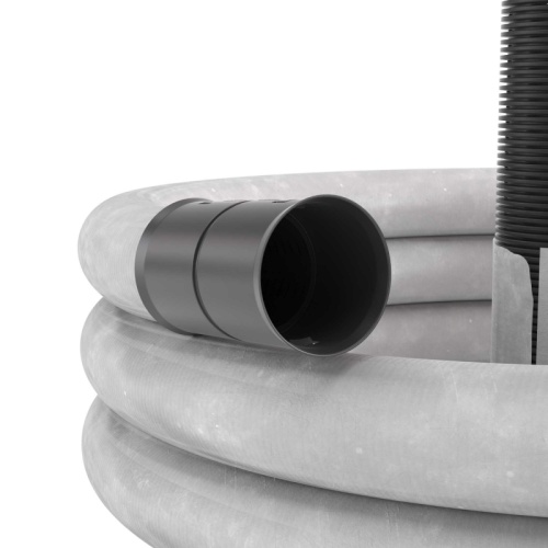 Двустенная труба ПНД гибкая дренажная д.110мм с геофильтром, SN8, перфорация 360 град., в бухте 50м, цвет черный | код 141911A-8K | DKC