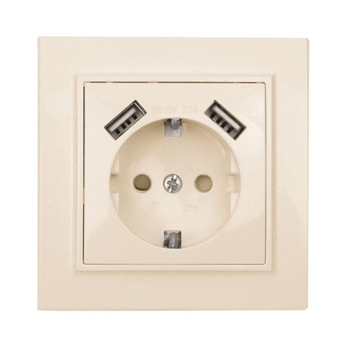 Минск Розетка 1-местная СП с/з 16А бежевая с защ, штор, с 2 USB 2,1А | код ERR16-028-200-2USB | EKF фото 2