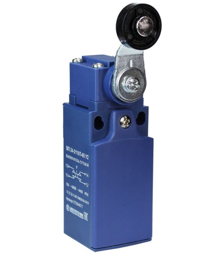 Выключатель путевой ВП 24-2118П-65 У2, рычаг с пластиковым роликом, 1з+1р, безинерционный, 20 мм, без сальника, 3А, IP65 | код ET004677 | Электротехник