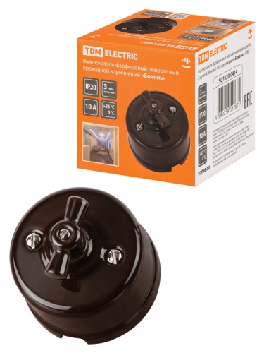Выключатель фарфоровый поворотный проходной с ручкой (бантик) 10А коричневый «Болонь» TDM | код SQ1820-0414 | TDM Выключатель фарфоровый поворотный проходной с ручкой (бантик) 10А коричневый «Болонь» TDM | код SQ1820-0414 | TDM