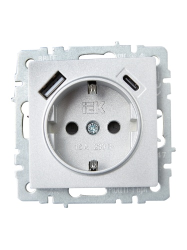 Розетка BRITE РЮш11-1-БрА 16А с USB A+C 18Вт с заземл. защ. шторки алюм. | код. BR-R14-16-U22-018-K47 | IEK фото 3