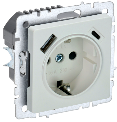 BRITE Роз. с з/к/ш 16А с USB A+C 18Вт РЮш11-1-БрЖ жемч. IEK | код BR-R14-16-U22-018-K36 | IEK