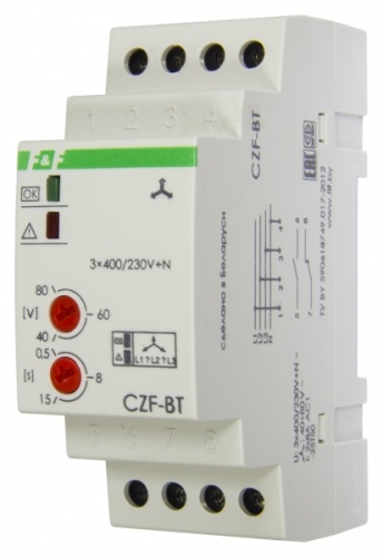 КОНТРОЛЬ НАЛИЧИЯ ФАЗ CZF-BT Регулировка асимметрии и времени отключения, контроль верхнего и нижнего значений напряжения, 2 модуля, монтаж на DIN-рейку 3х230 В +N 2х8A 1NO+1NC IP20 | код EA04.001.004 | ЕВРОАВТОМАТИКА ФиФ КОНТРОЛЬ НАЛИЧИЯ ФАЗ CZF-BT Регулировка асимметрии и времени отключения, контроль верхнего и нижнего значений напряжения, 2 модуля, монтаж на DIN-рейку 3х230 В +N 2х8A 1NO+1NC IP20 | код EA04.001.004 | ЕВРОАВТОМАТИКА ФиФ