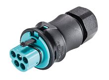 Вилочный разъем на кабель диам. 6-10 мм, IP68(69k), 5 полюсов, винтовая фиксация провода, номинальные характеристики: 250/400V, 20A, цвет контактной вставки: бирюзовый, цвет корпуса: черный, серия RST Classic | код 96.052.4053.6 | Wieland С