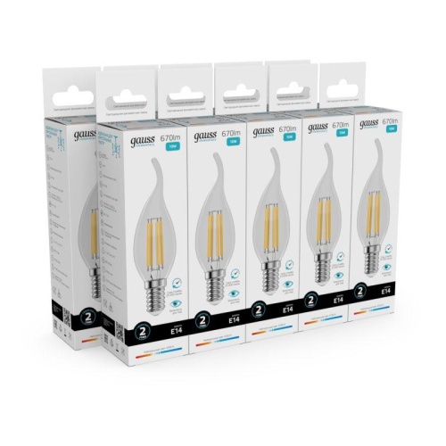 Лампа светодиодная филаментная LED 10 Вт 670 лм 4100К свеча на ветру нейтральный E14 AC 220В прозрачная колба Elementary Gauss | код 42120 | Gauss