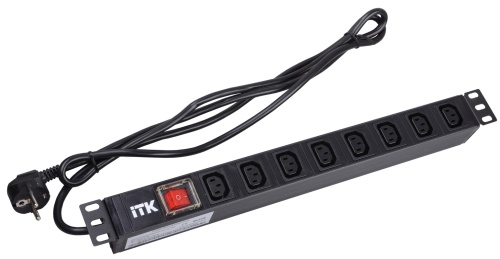 ITK PDU 7 розеток C13 с LED выключателем,1U, шнур 2м вилка нем. стандарт | код PH12-7C131 | IEK