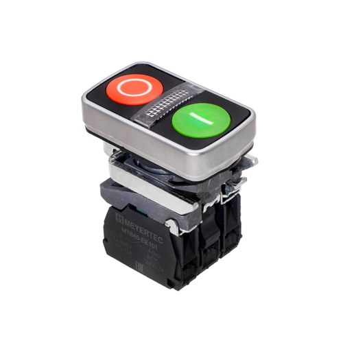 Кнопка двойная плоская с подсветкой, красная/зеленая, маркировка I+O, 1NO+1NC, 220V AC/DC, IP65, металл MTB4-BW83753 | код 137156 | MEYERTEC