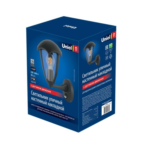 Светильник светодиодный уличный UUL-S81A 60W/E27 SENSOR IP54 BLACK под лампу Е27 с датчиком движения архитектурный накладной корпус черн. Uniel UL-00006813