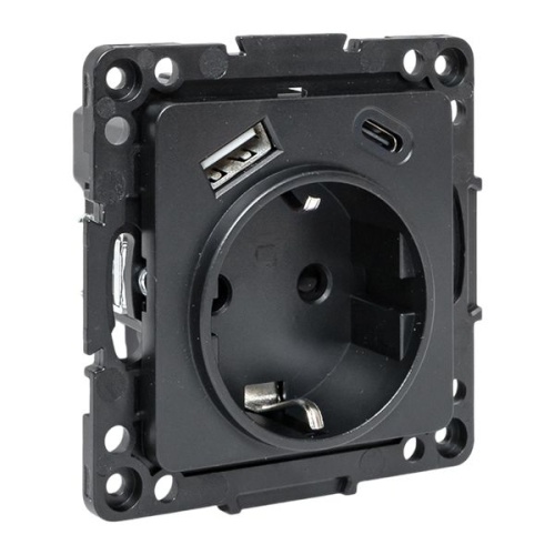 Стокгольм Механизм Розетки 1-местной с/з, USB A+C 16А винтовые клеммы черный с защ. штор. EKF | код EZR16-2USB-typeA-typeC | EKF