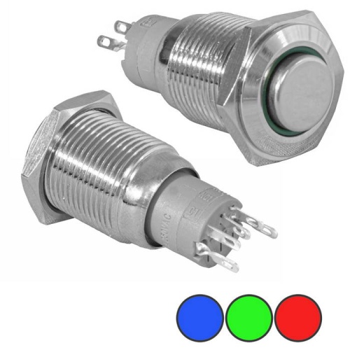 Кнопка антивандальная с подсветкой RUICHI LAS2-GQH-11ZE/B on-on, М16, IP40, никелированная латунь | код 77909 | Ruichi