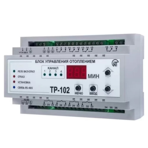 Температурный контроллер ТР-102 температурное реле, 4 независимых канала режим (управление теплым полом), индикация. Поочередное включение нагрева в 4-х зонах, Modbus | код 3425606102 | Новатек-Электро Температурный контроллер ТР-102 температурное реле, 4 независимых канала режим (управление теплым полом), индикация. Поочередное включение нагрева в 4-х зонах, Modbus | код 3425606102 | Новатек-Электро