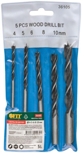 Набор сверл по дереву, ПВХ конверт, 5 шт(4-5-6-8-10 мм) | код 36105 | FIT фото 3
