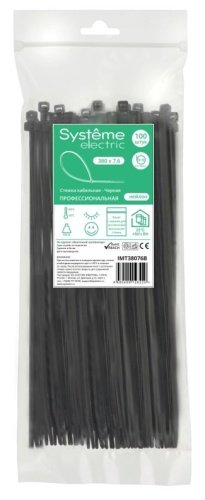 Стяжка кабельная нейлоновая 380х7.6 Чёрная (100шт) в пакете с замком ЗИП-ЛОК | код IMT38076B | Systeme Electric