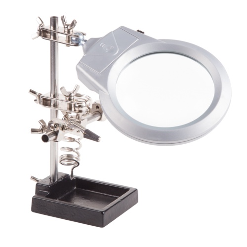 Держатель Третья рука REXANT, 2 зажима, чугун, лупа 90 мм, подставка паяльника, LED подсветка | код 12-0253 | REXANT