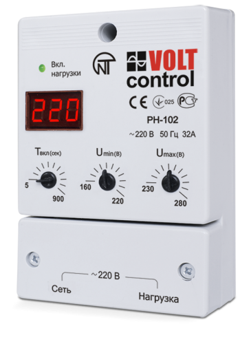 Однофазное реле напряжения РН-102, 32А, 220В, настенный монтаж, индикация напряжения. | код 3425600102-0 | Новатек-Электро