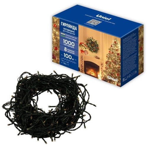 Гирлянда ULD-S10000-1000/DGA WARM WHITE IP20 светодиодная, 100м. 1000 светодиодов. Теплый . Провод зеленый | код UL-00009933 | Uniel