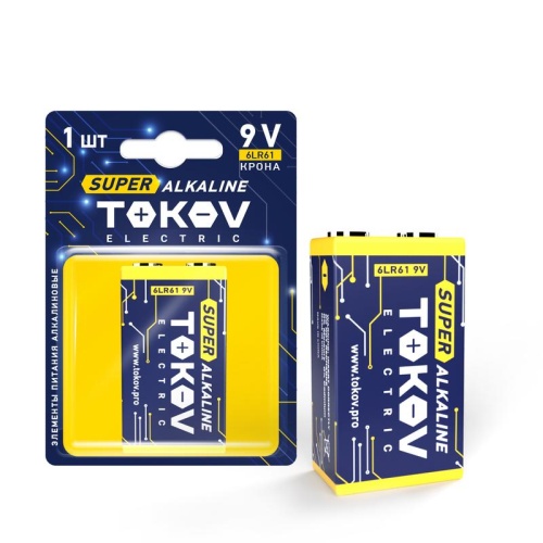 Элемент питания алкалиновый "крона" 6LR61 (блист.1шт) | код TKE-ALS-6LR61/B1 | TOKOV ELECTRIC