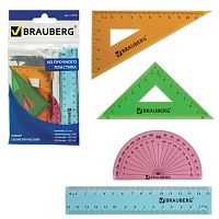 Набор чертежный малый BRAUBERG Crystal (линейка 15 см, 2 угольника, транспортир), цветной, 210295 | код 210295 | BRAUBERG