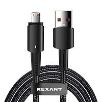 Кабель USB-A – Lightning для Apple, 2,4А, 1м, в черной нейлоновой оплетке, со световой индикацией REXANT | код 18-7058 | REXANT