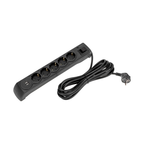 Фильтр сетевой 5 гнезд, 5м, 3х1,5мм?, с автовыкл, 2 USB, черный KRANZ | код 13-4703 | KRANZ