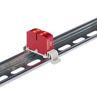 Блок распределительный с горизонт. адаптером на рейку шир. 35мм зажим push-in 4 точки подключения 2.5кв.мм красн. DKC DTP1-004-04SPUR-H