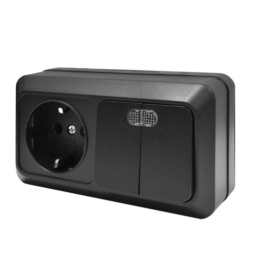 Блок UNIVersal серия Олимп, о/у, выключатель двухклавишный с подсветкой 10А + розетка с/з 16A, 220В, горизонтальный черный | код 7946812 | Universal фото 2