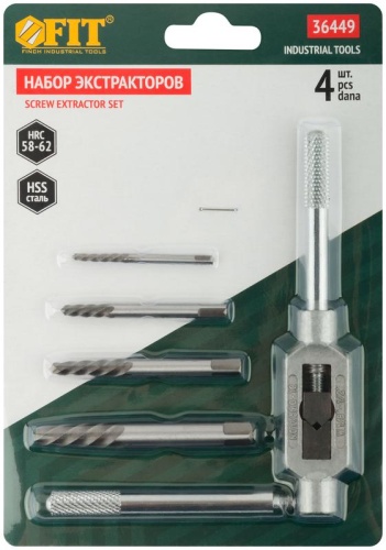 Набор экстракторов профи быстрорежущая HSS сталь 4шт сметчикодержателем FIT 36449 фото 3