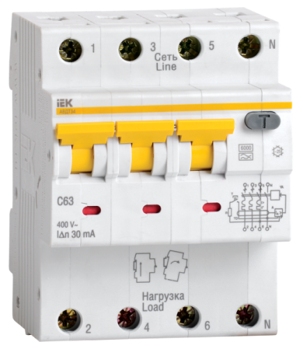 Выключатель автоматический дифференциальный АВДТ 34 3п+N 63А C 100мА тип A | код. MAD22-6-063-C-100 | IEK 