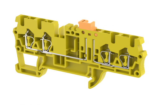Клемма проходная пружинная 2,5 мм2 с размыкателем на 4 подключения, желтая SQK2.5-2X2-YELLOW | код 2102150004 | Elmex