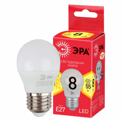 Лампа светодиодная RED LINE LED P45-8W-827-E27 R Е27 / E27 8Вт шар тепл. бел. свет | Код. Б0053028 | ЭРА