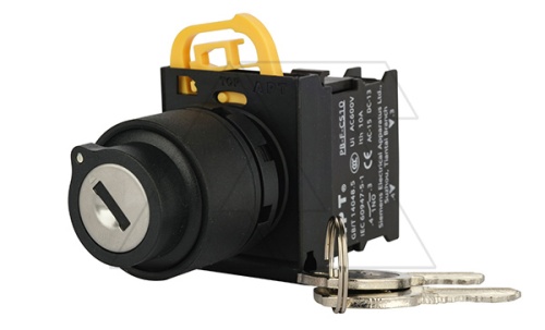 Переключатель PB3E, с ключом, 0<-I, возврат, ключ выним. в 0, 1NO, 6A 230VAC/24VDC, 22mm, IP65 | код PB3E-Y2S10/Lm | АРТ