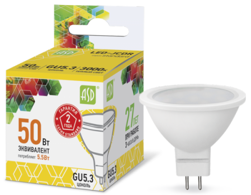 Лампа светодиодная LED-JCDR-standard 5.5Вт 230В GU5.3 3000К 495Лм ASD | код 4690612002262 | ASD