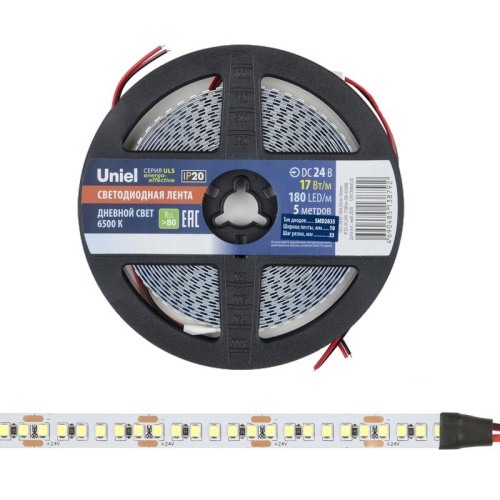 Гибкая светодиодная лента на самоклеящейся основе. ULS-2835-180LED/m-10mm-IP20-DC24V-17W/m-5M-6500K Катушка 5м. в герметичной упаковке. Дневной свет (6500K). ТМ Uniel | код UL-00007644 | Uniel